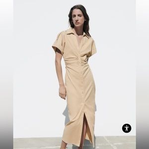 Zara RUCHED LINEN BLEND MIDI DRESS